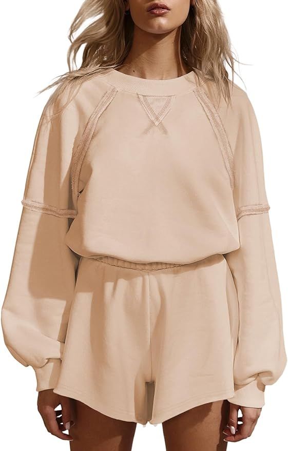Aleumdr Women's 2 Piece Outfits Lounge Sets Sweatshirt Loungewear Shorts Set 2023 Fall Pajamas Tr... | Amazon (US)
