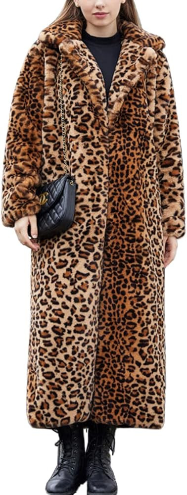 LANGWEI Women's Leopard Oversized Fuzzy Fleece Lapel Faux Fur Coat Winter Warm Long Outwear Jacke... | Amazon (US)
