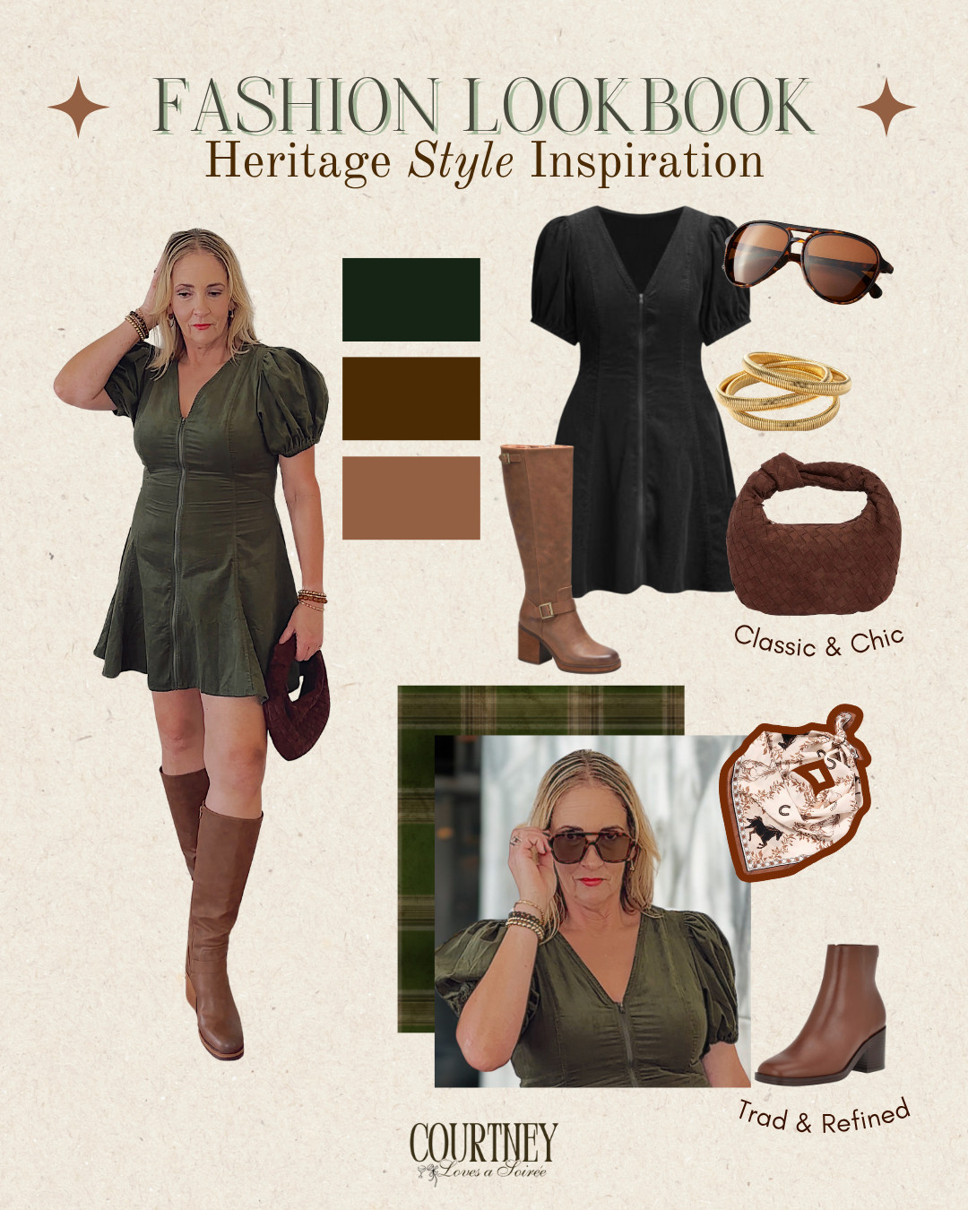 Classic meets modern in this heritage-style fall fashion lookbook. Rich tones of olive, brown, and black create a timeless wardrobe that feels elegant and effortless. Perfect for women who love elevated fall outfits with structured dresses, tall boots, and gold accents.
 

 #LTKSeasonal #LTKOver40 #LTKStyleTip