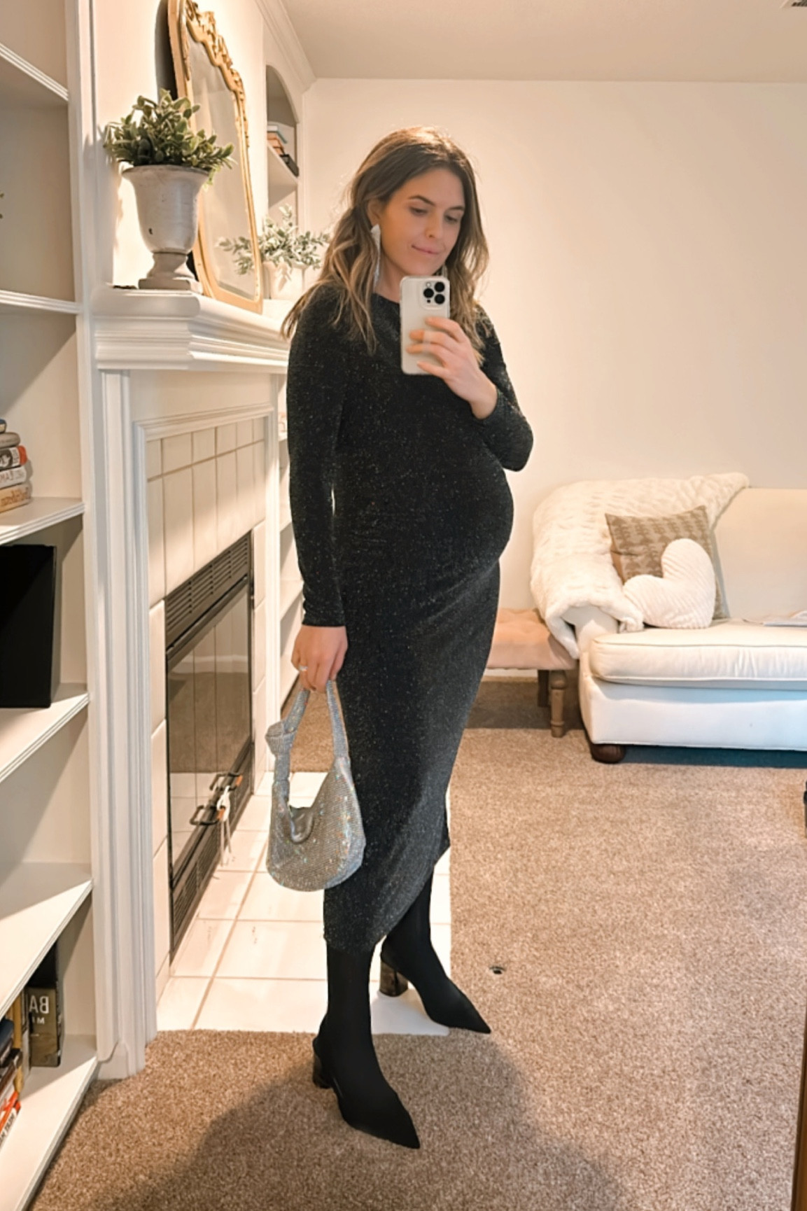 Last nights look. Holiday style. Bump style. Sparkle dress. Maternity dress. Black pumps. Sparkle bag. Sparkle earrings. Rhinestone bag. Rhinestone earrings. Holiday party. Girls night. Christmas look. Maternity style  

#LTKparties #LTKHoliday #LTKbump