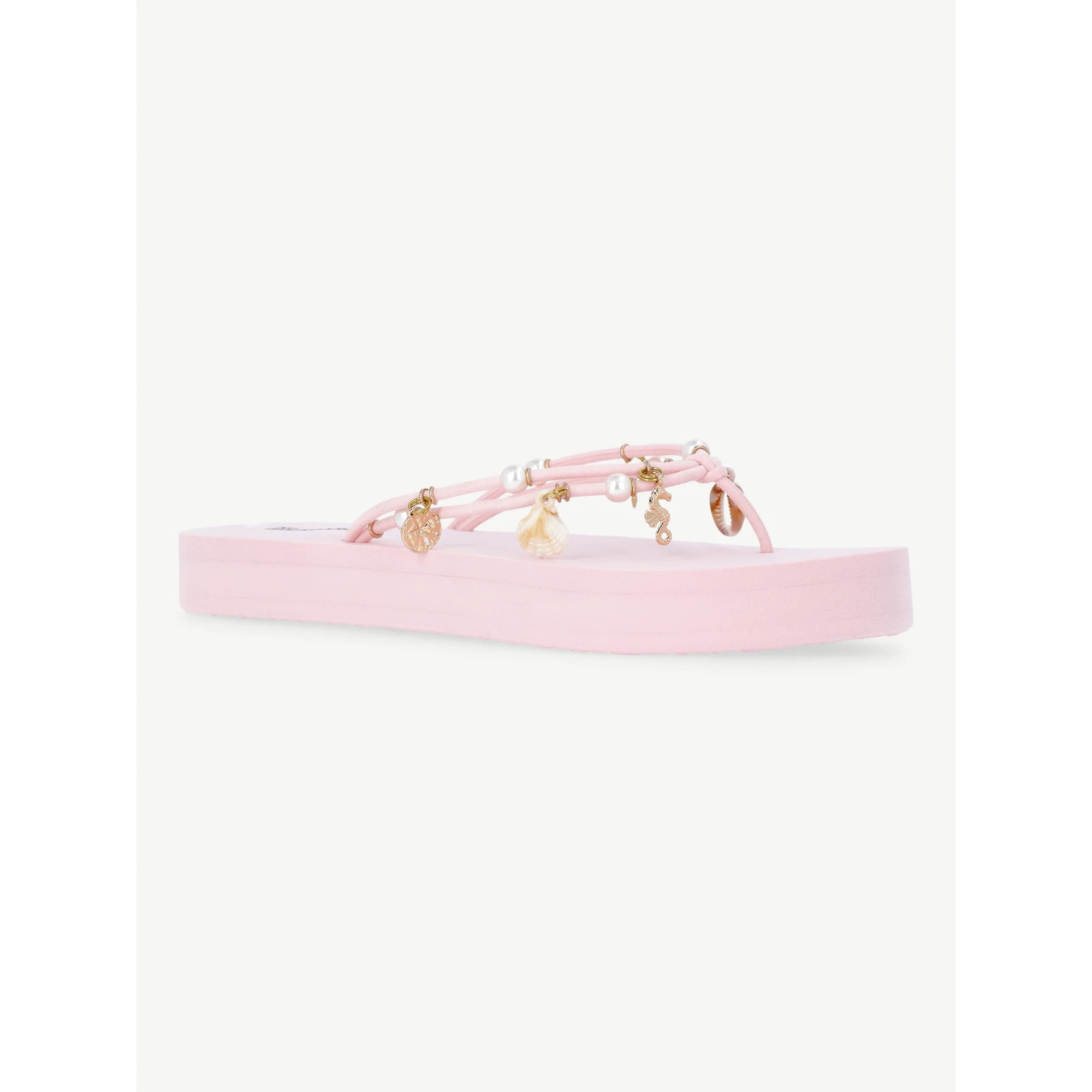 No Boundaries Faux Suede Flip Flop Sandals with Shell Embellishments, Women's | Walmart (US)