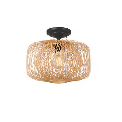 allen + roth Harlowe 1-Light 13-in Matte Black Canopy with Natural Rattan Shade Incandescent Semi... | Lowe's