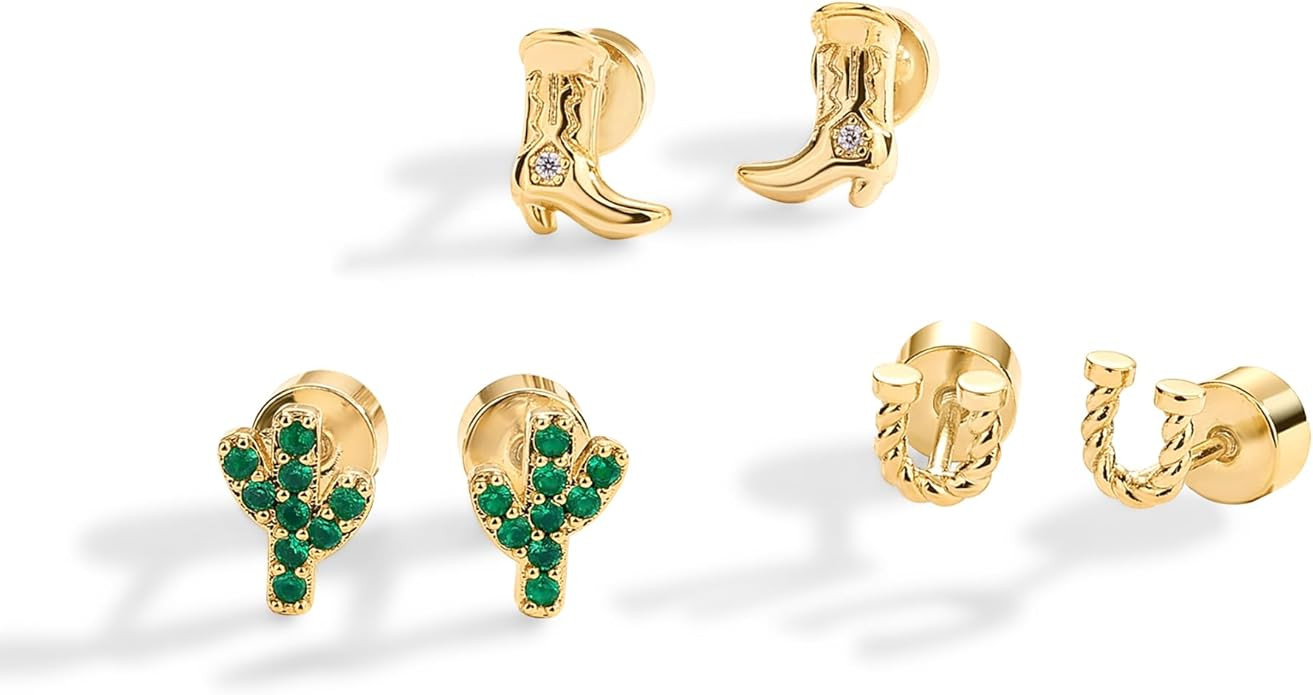 PAVOI 14K Gold Plated Mini Western Flatback Earrings Trio Set for Women with Cubic Zirconia | Cow... | Amazon (US)