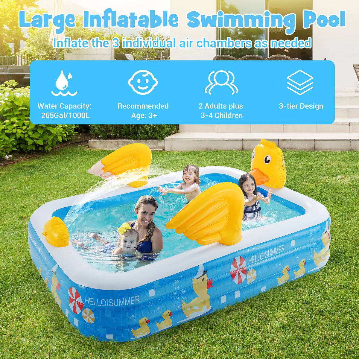 Costway Inflatable Swimming Pool Duck Themed Kiddie Pool w/ Sprinkler for Age 3+ | Target