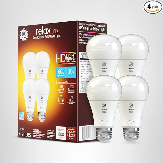 GE Relax LED Light Bulbs, 60 Watt, Soft White, A19 (4 Pack) | Amazon (US)
