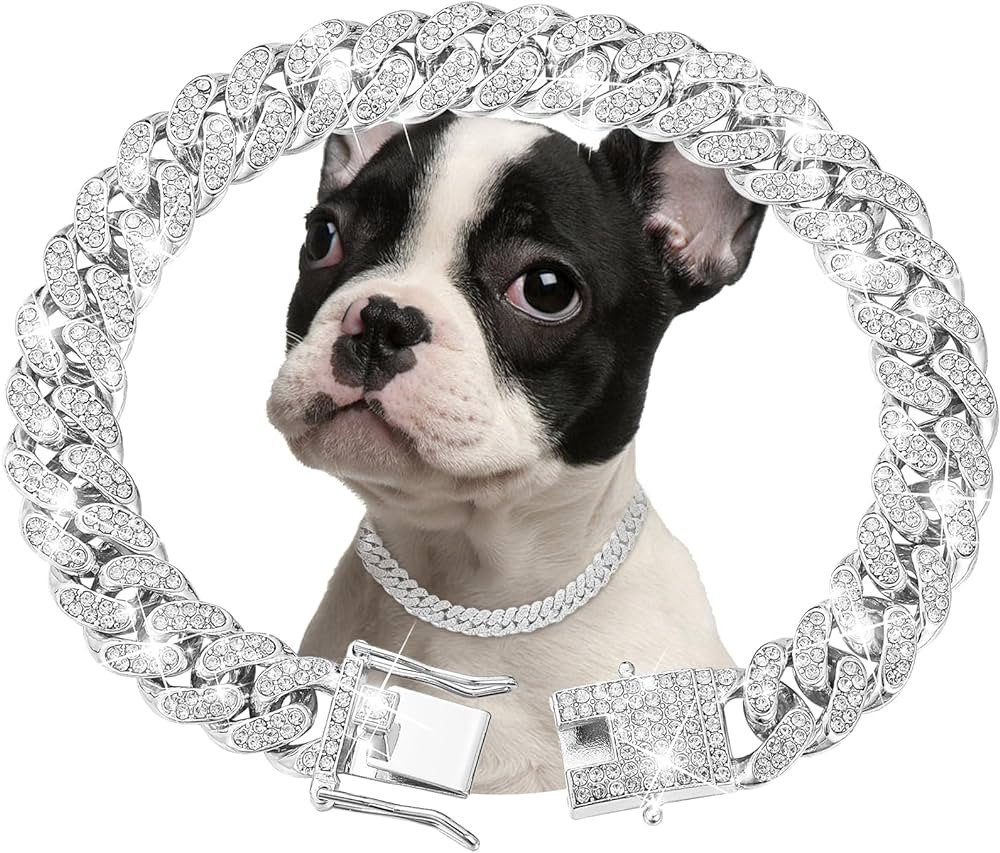 Silver Dog Chain Collar Diamond Cuban Link Dog Collar 13mm Wide Dog Necklace Metal Cat Chain Pet ... | Amazon (US)