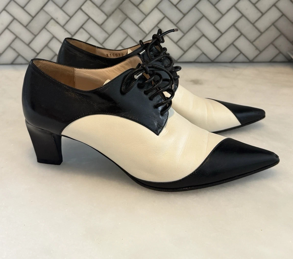 GIORGIO ARMANI Black White Leather Booties Menswear Inspired Heels Size 39 - 9 | eBay US