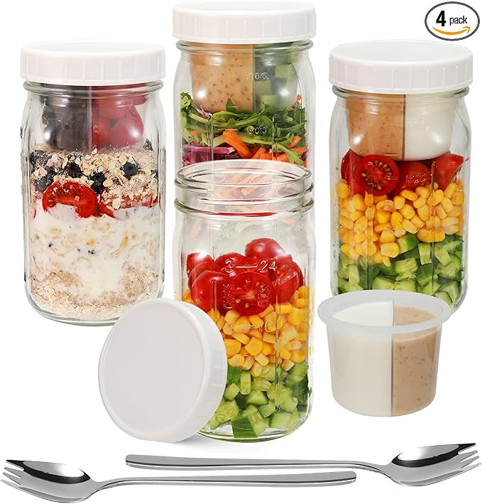 4 Pack Glass Salad Jars with Lids Meal Prep- Mason Jars 32 oz Salad Container for Lunch With Fork... | Amazon (US)