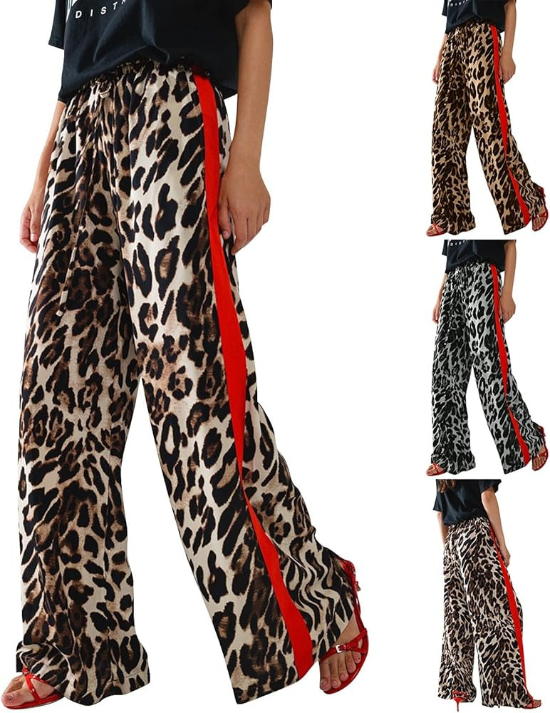 Leopard Print Pants for Women Drawstring High Waisted Color Block Side Striped Straight Leg Wide ... | Amazon (US)