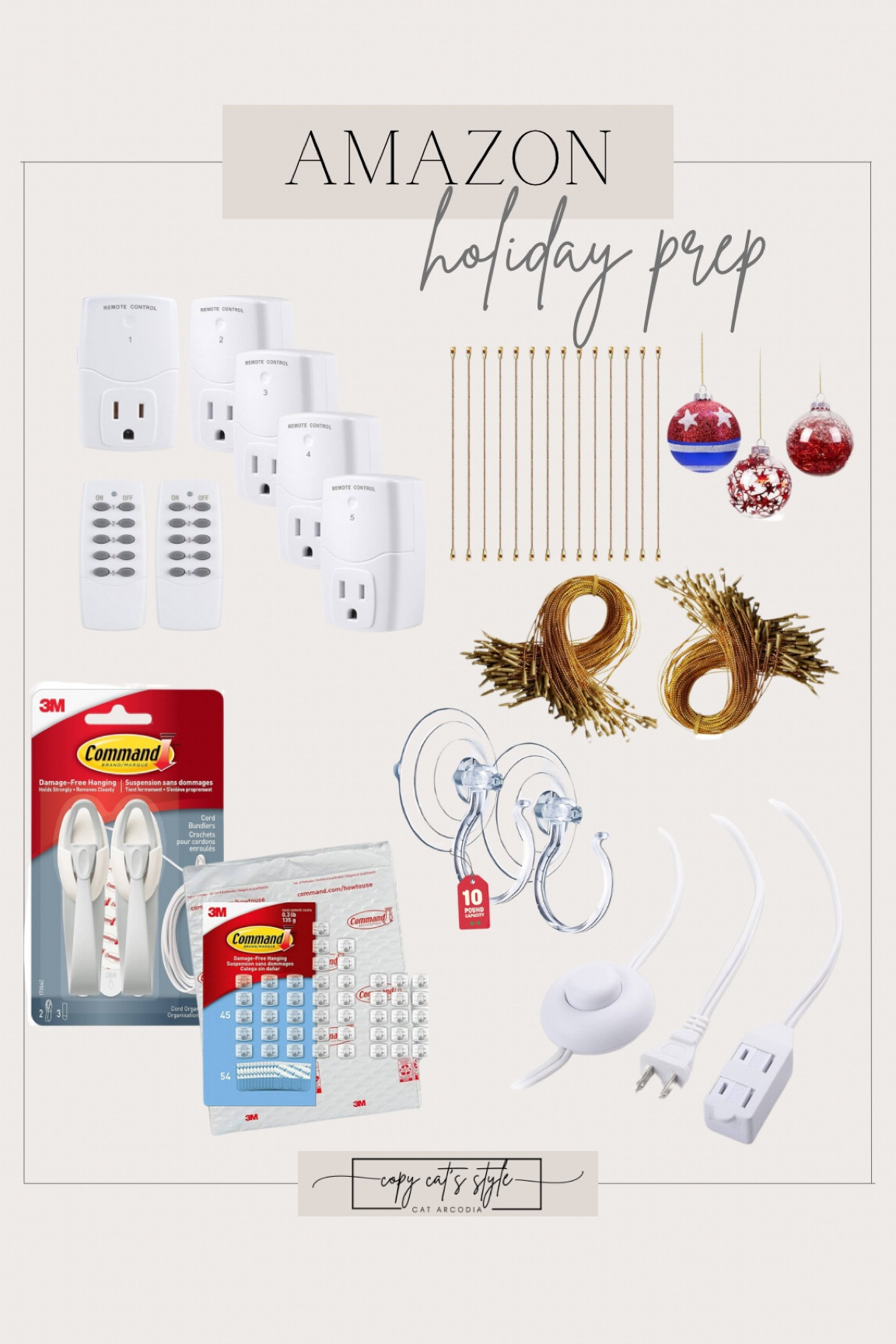 Holiday preparation! Ornament hooks, wireless remote control outlet switch, command cord bundlers, mini light clips, Christmas wreath hanger, Christmas tree extension cord.

#LTKHome #LTKFindsUnder50 #LTKHoliday