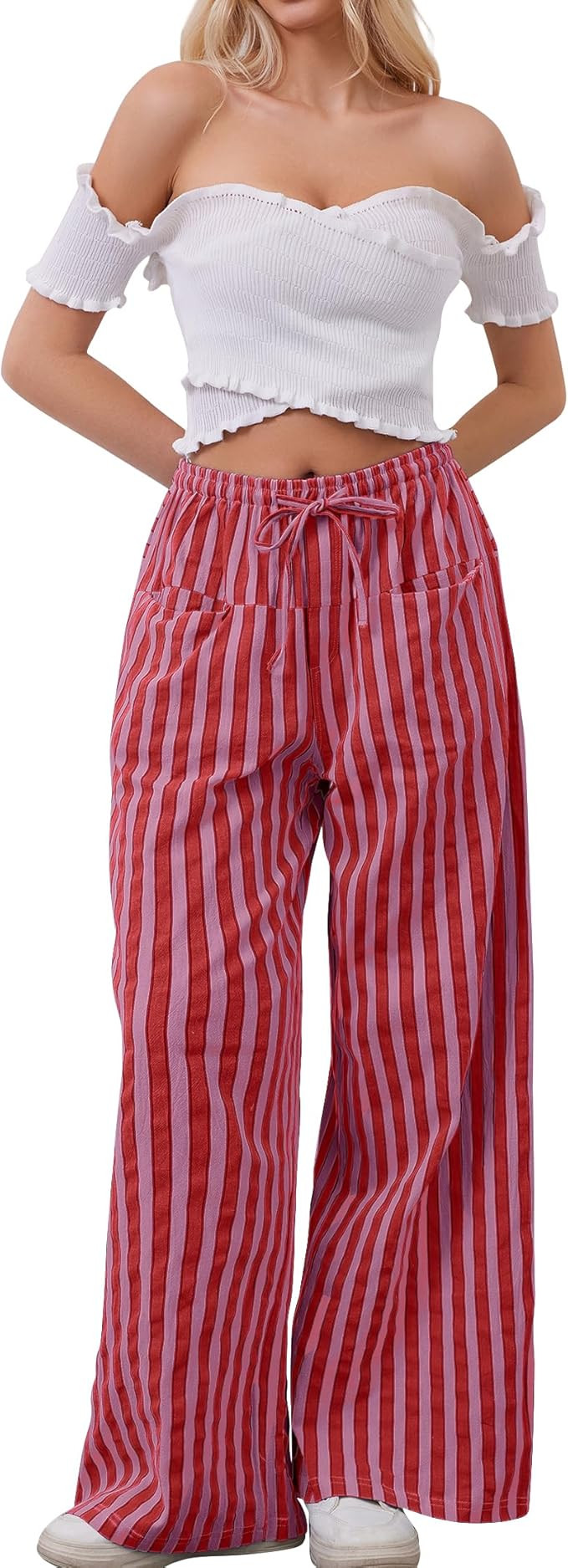 Women Drawstring Stripe Wide Leg Casual Trousers Striped Low Rise Casual Loose Lounge Pants with ... | Amazon (US)