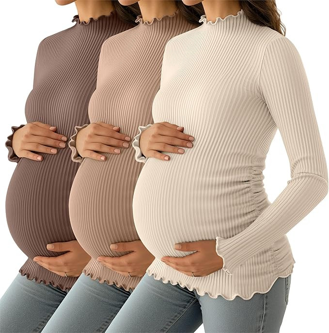 Huukeay 3 Pack Women's Maternity Shirts Long Sleeve Ribbed Knit Cotton Maternity Tops Mock Turtle... | Amazon (US)