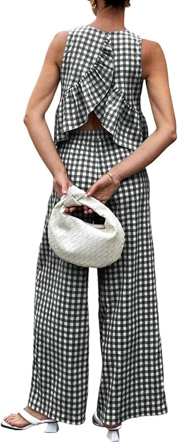 SOLY HUX Women's 2 Piece Outfits Plaid Gingham Open Back Ruffle Tops and Pants Summer Vacation Go... | Amazon (US)