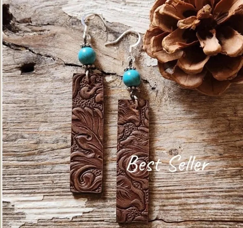 Tooled Leather Earrings, Brown, Drop, Country, Rustic, Handcrafted | Etsy (Global)