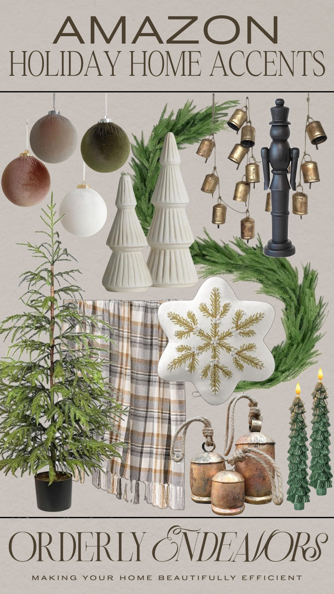 Holiday home accents include bell garland, snowflake pillow, garland, black nutcracker, trees, flocked ornaments, small Christmas tree, candlesticks, bells, plaid throw blanket.

Holiday home decor, Christmas decor, looks for less

#LTKHome #LTKSeasonal #LTKHoliday