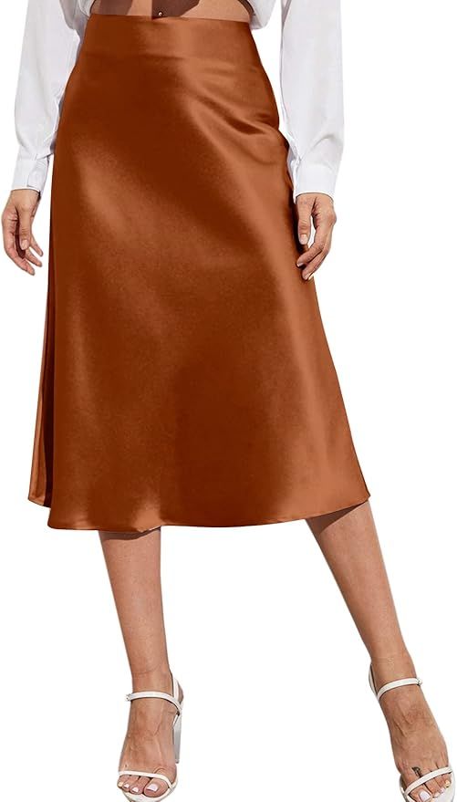 Zeagoo Womens Midi Skirt High Waist Solid Satin Dress Zipper Elegant Summer Skirts | Amazon (US)