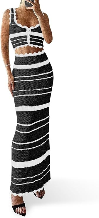 Saodimallsu Womens 2 Piece Sets Summer Striped Crochet Knit Coverup Sleeveless Button Crop Tank T... | Amazon (US)