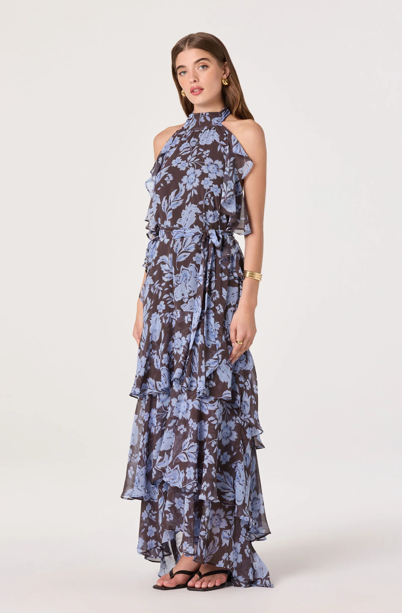 Lae High-Neck Ruffle Maxi Dress - Blue brown floral / XS | ASTR The Label (US)