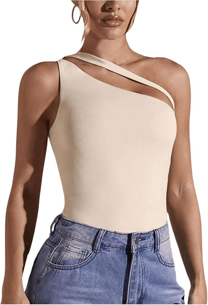 SHENHE Women's One Shoulder Cut Out Sleeveless Fitted Sexy Keyhole Tank Top Bodysuit | Amazon (US)
