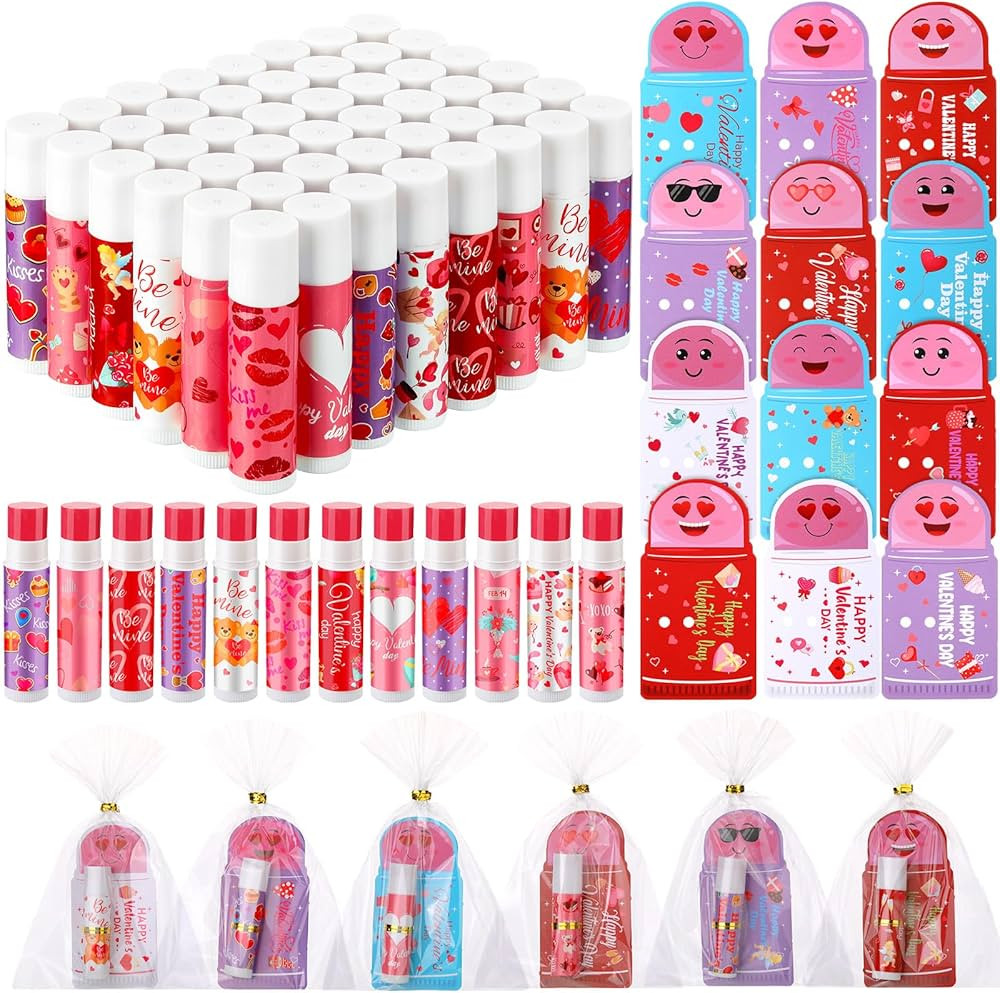 48 Pcs Valentines Day Classroom Exchange Gifts Bulk for Kids Valentines Lip Balm with Cards for C... | Amazon (US)