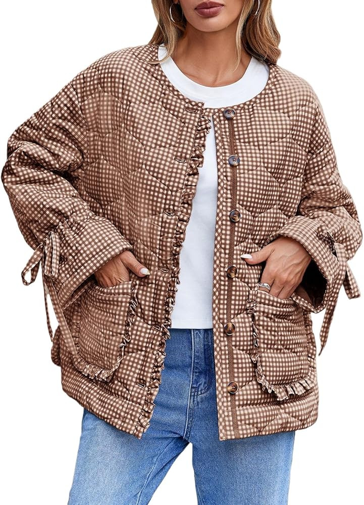 Tankaneo Womens Cropped Quilted Puffer Jackets Lightweight Plaid Button Down Bow Padded Down Coat | Amazon (US)