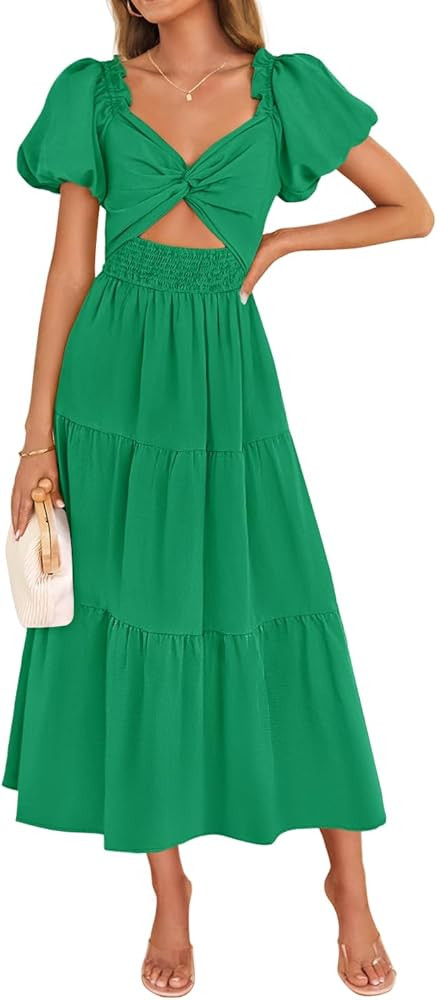 ZESICA Women's 2025 Boho Smocked Vacation Dress Short Puff Sleeve Twist Knot Cutout Flowy A Line ... | Amazon (US)