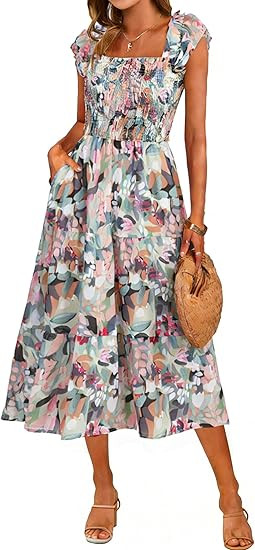 Simplee Women Floral Summer Sun Dress Flutter Sleeve Smocked Chiffon Midi Dress Casual Boho Flowy... | Amazon (US)