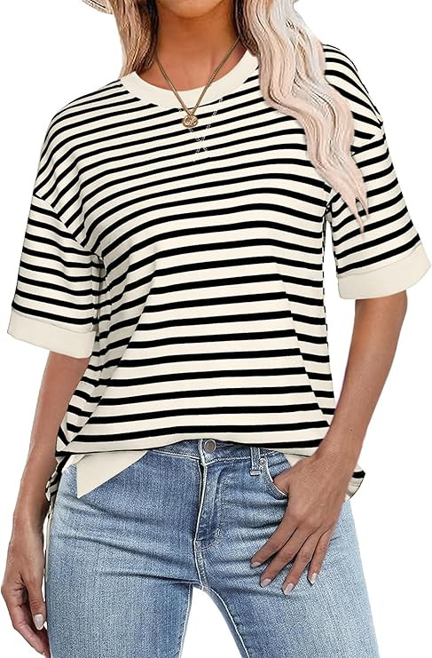 Glamaker Short Sleeve Lightweight Sweatshirt for Women Crewneck Striped Shirt Pullover Tops Loose... | Amazon (US)
