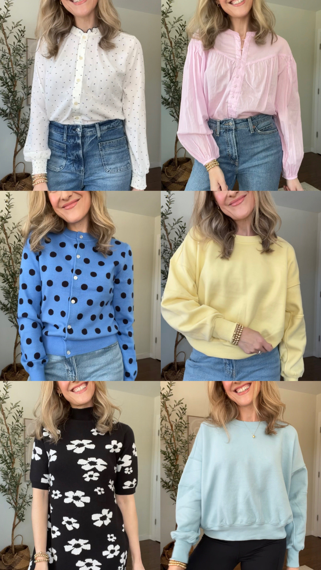 Walmart outfit ideas with color and prints! I sized up one size to medium in the blue sweater, the yellow sweatshirt and the blue sweatshirt. 