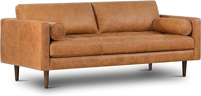 POLY & BARK Cognac Tan Brown Leather Couch - 88.5" Mid Century Leather Sofa with 2 Bolsters - Ful... | Amazon (US)