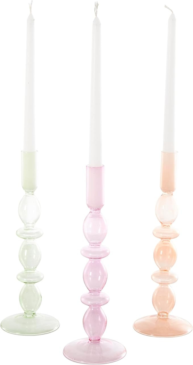 Deco 79 Glass Slim Bubble Inspired Pastel Candle Holder, Set of 3 3" W, 11" H, Multi Colored | Amazon (US)