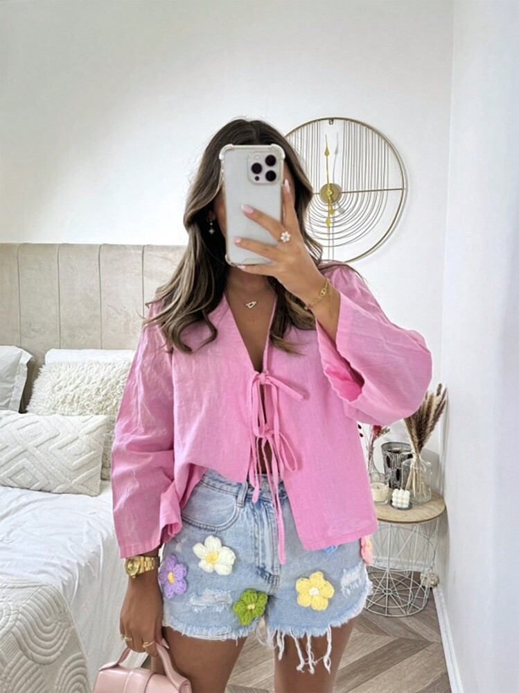 INAWLY Women's Solid Color Front Tie Casual Summer Shirt | SHEIN