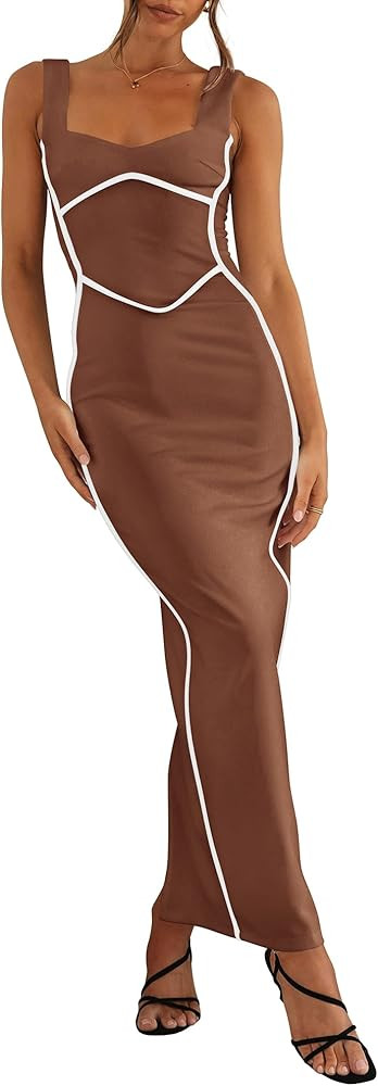 BTFBM Women Maxi Bodycon Dresses Square Neck Sleeveless Contrast Binding Split Cocktail Party Clu... | Amazon (US)