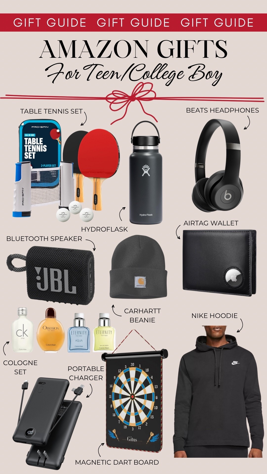 Amazon gifts for teens and college boys include a table tennis set, Hydroflask, Beats headphones, a JBL Bluetooth speaker, Carhart beanie, wallet with an AirTag slot, cologne set, portable charger, magnetic dart board, and a Nike hoodie.

Gifts for boys, teen gift guide, college boys gifts, Christmas gift ideas

#LTKGiftGuide #LTKFindsUnder50 #LTKMens