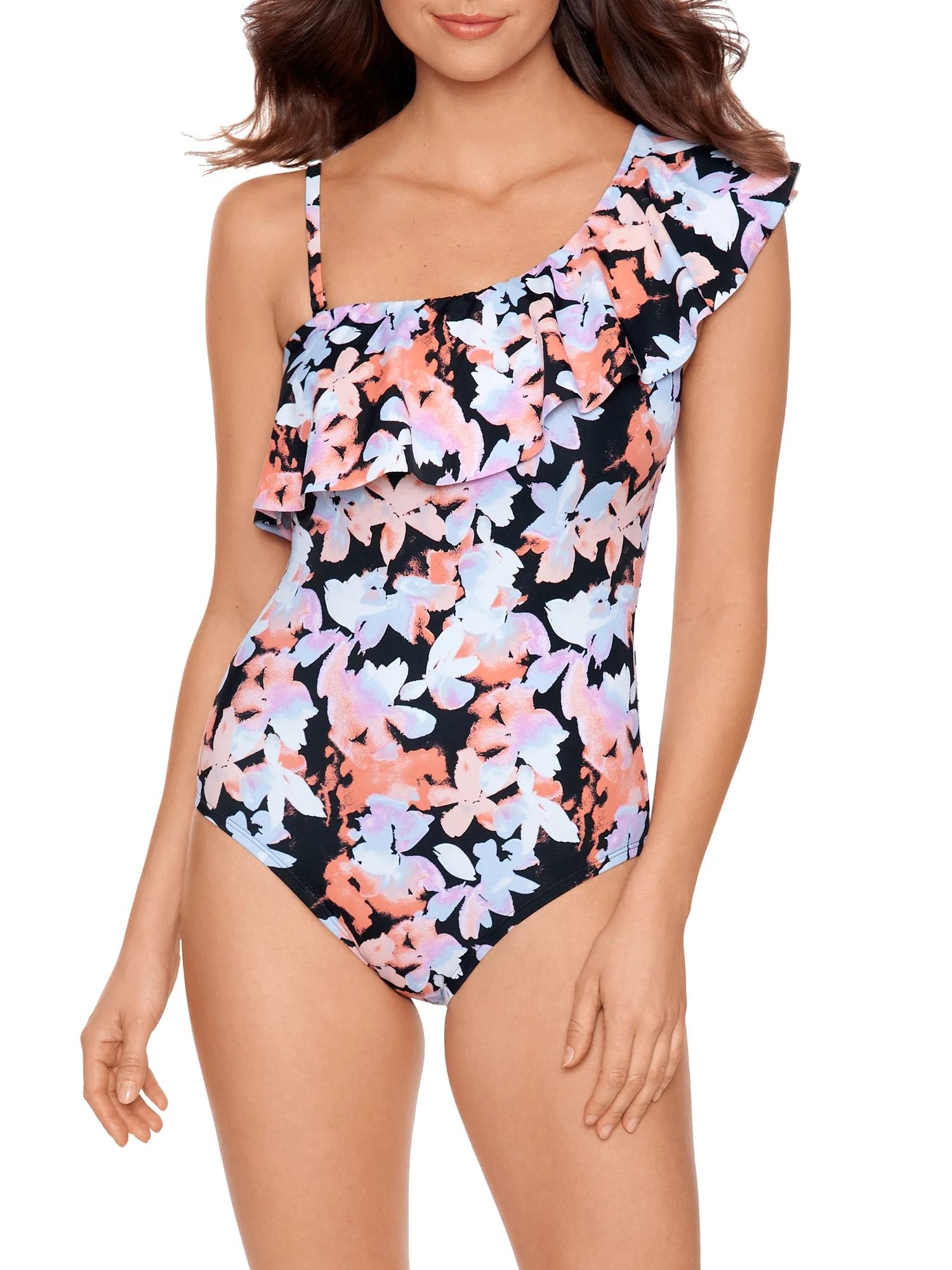 Time and Tru Women's and Women’s Plus Watercolor Splash Floral One Piece Swimsuit - Walmart.com | Walmart (US)