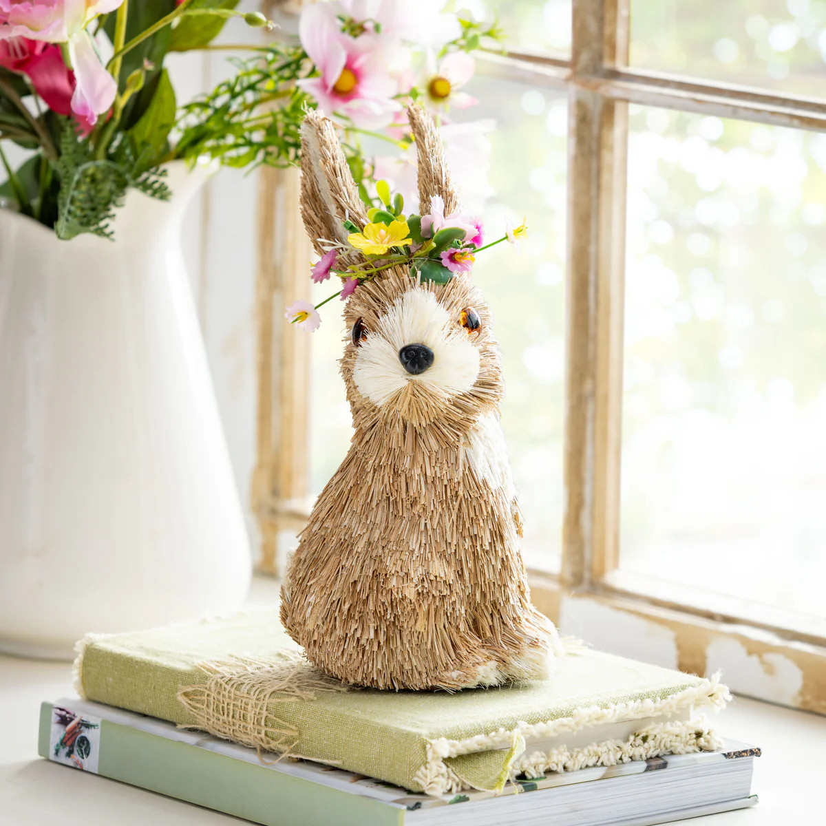 Bunny Blooms Table Decor Natural Fiber Floral Bunny, 10"H | Plow & Hearth