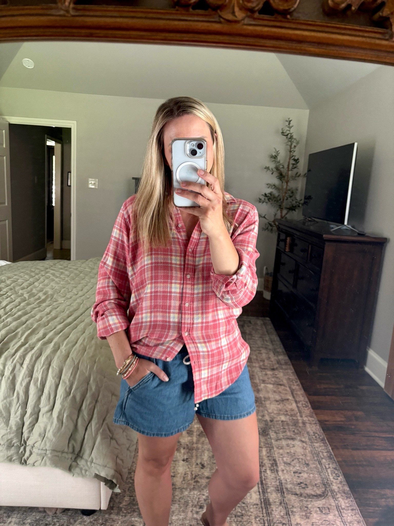 #ad The perfect relaxed summer outfit from @Target !  These jean shorts are SO good!  They are not too tight and are the perfect length!  And this shirt is a light breezy gauze material perfect for a summer long sleeve!  

Fit tip: both are oversized so I sized down one size in each. Wearing a S in both the shorts and shirt.