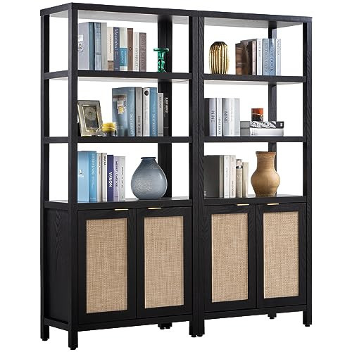 SICOTAS Bookshelf 5 Tier Book Shelf Rattan Boho 71" Tall Bookcase with Doors Storage Shelves Large Bookshelves Farmhouse Bookcases Library Book Case for Living Room Bedroom Home Office Kitchen | Amazon (US)