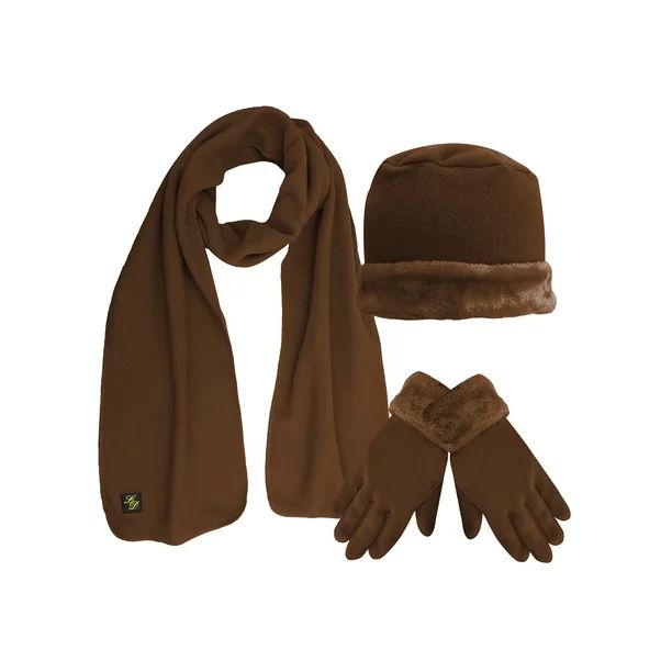 Brown Plush Fur Trim Fleece 3 Piece Hat Scarf & Glove Set - Walmart.com | Walmart (US)