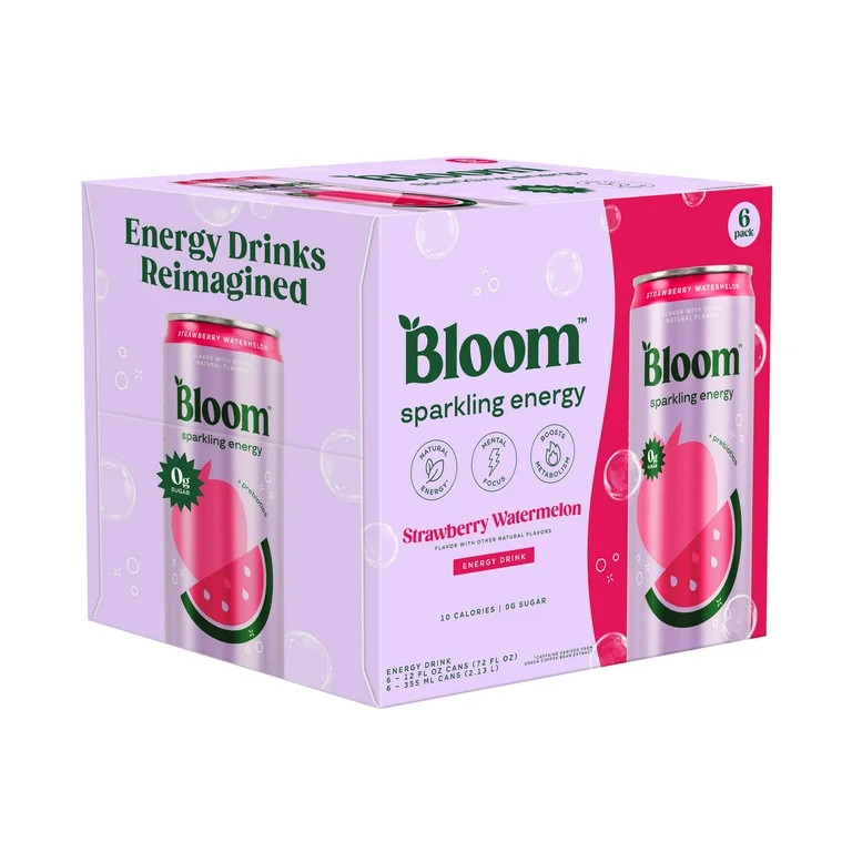 Bloom Nutrition Sparkling Energy Drink, Strawberry Watermelon, 12 fl oz Cans, 6 Pack | Walmart (US)