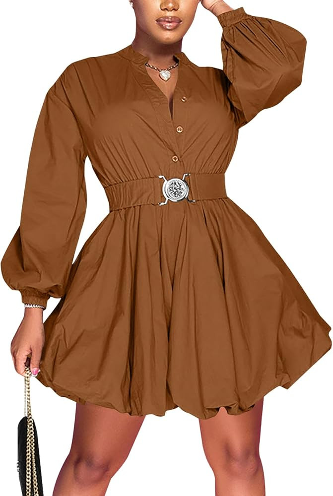 Uni Clau Womens Button Down Shirt Dress Long Sleeve A-Line Casual Puffy Short Mini Dress with Bel... | Amazon (US)
