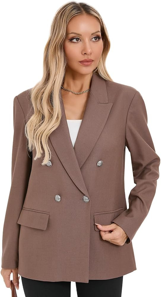 Women's Oversized Blazer Jacket Double-Breasted Suit with Pockets Long Sleeve Outfit for Business... | Amazon (US)