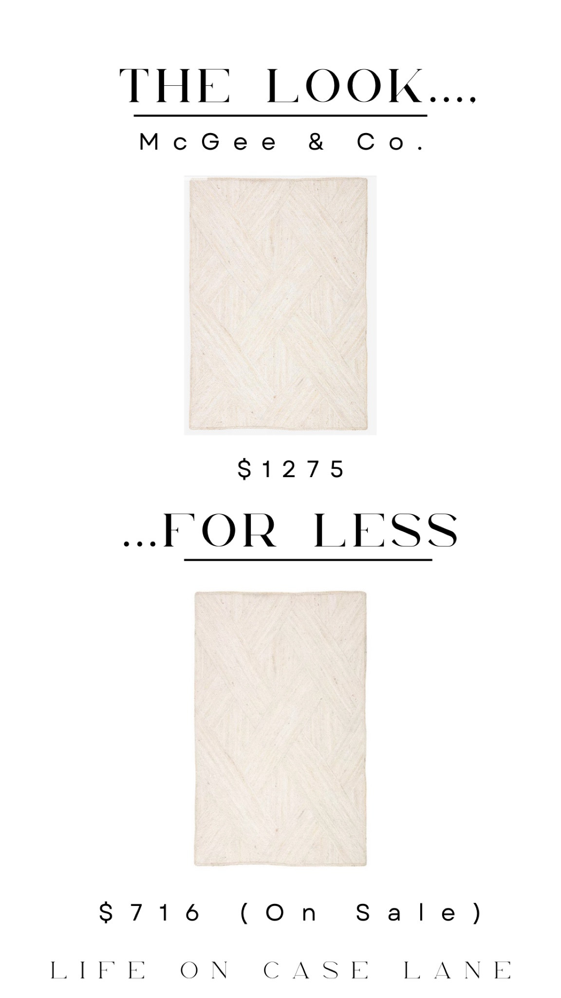 The look for less, save or splurge, rh dupe, furniture dupe, dupes, designer dupes, designer furniture look alike, home furniture, rug dupe, McGee and co Rug dupe, neutral rugs, white rugs, textured rug 