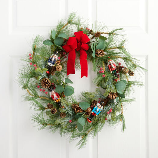Faux Pine and Wood Jingle Mingle Nutcrackers Wreath with Bow by World Market | World Market