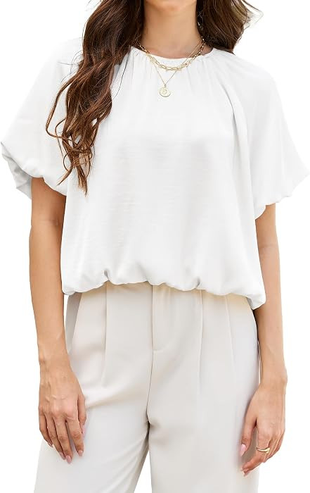 SCOFEEL Women's Summer Bubble Crop Top Puff Sleeve Crew Neck Satin Blouse with Elastic Hem Loose ... | Amazon (US)