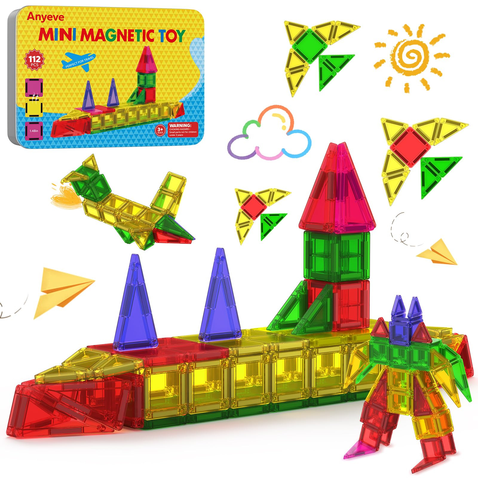 112PCS Mini Magnetic Tiles for Kids, Magnetic Tiles Travel Set with Iron Box, Portable Constructi... | Amazon (US)