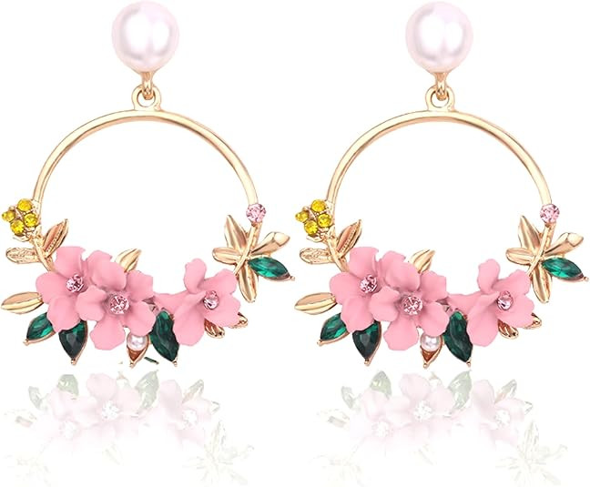 LAKIYOYO Pink Flower Dangle Earrings for Women Cute Pearl Leaf Sakura Leaf Earrings Fairy Stateme... | Amazon (US)