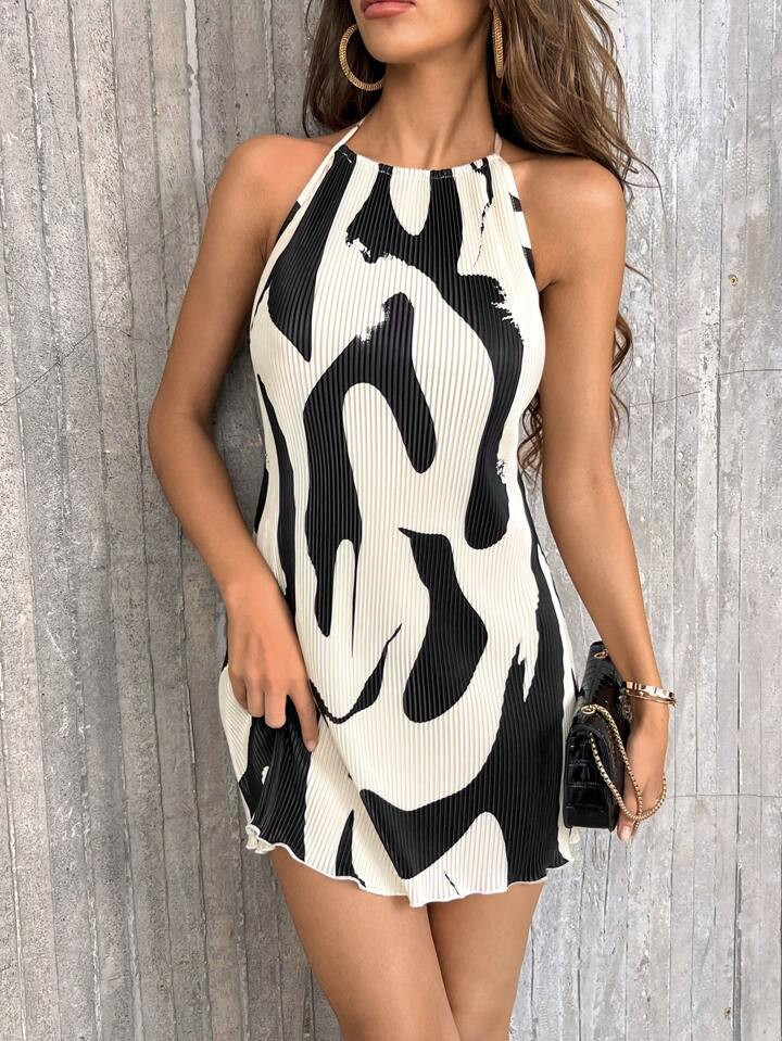 SHEIN Privé Graphic Print Tie Backless Halter Dress | SHEIN