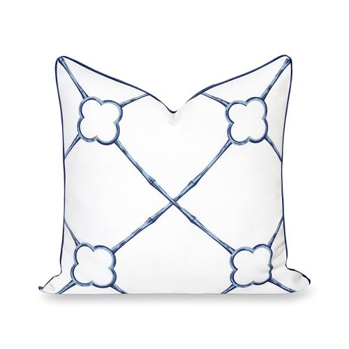 Hofdeco Premium Coastal Hampton Patio Indoor Outdoor Throw Pillow Cover Only, 22"x22" Water Repellent for Backyard, Couch, Poolside, Navy Azure Blue Print Bamboo Trellis | Amazon (US)