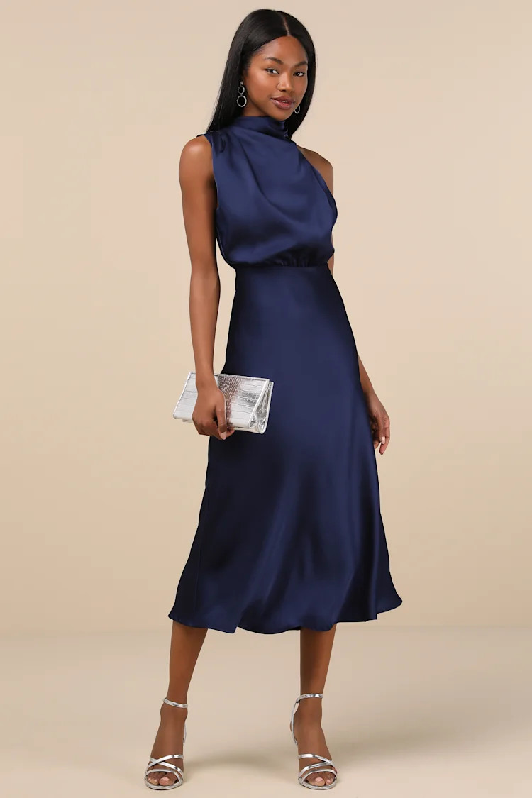 Distinctive Charm Navy Satin Asymmetrical Midi Dress | Lulus